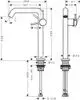 Hansgrohe Einhebel-Waschtischmischer mit abgerundetem Auslauf, Bedienhebel und Montageelement. Darstellung von Abmessungen und Anschlussdetails im technischen Zeichnungsstil.